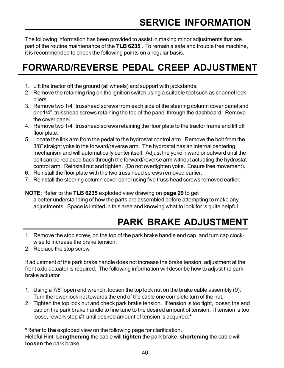 Park brake adjustment | Allmand Brothers TLB6235 Tractor User Manual | Page 40 / 42