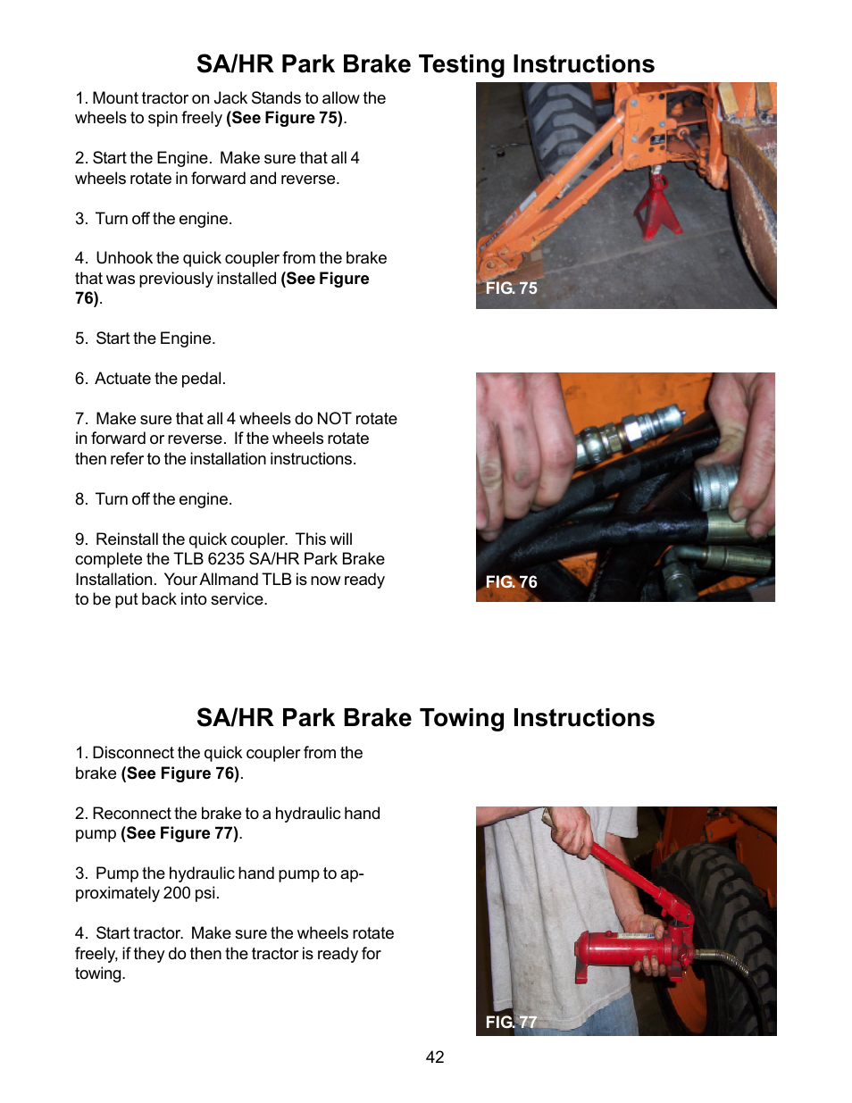 Sa/hr park brake testing instructions, Sa/hr park brake towing instructions | Allmand Brothers TLB6235 Tractor User Manual | Page 42 / 42