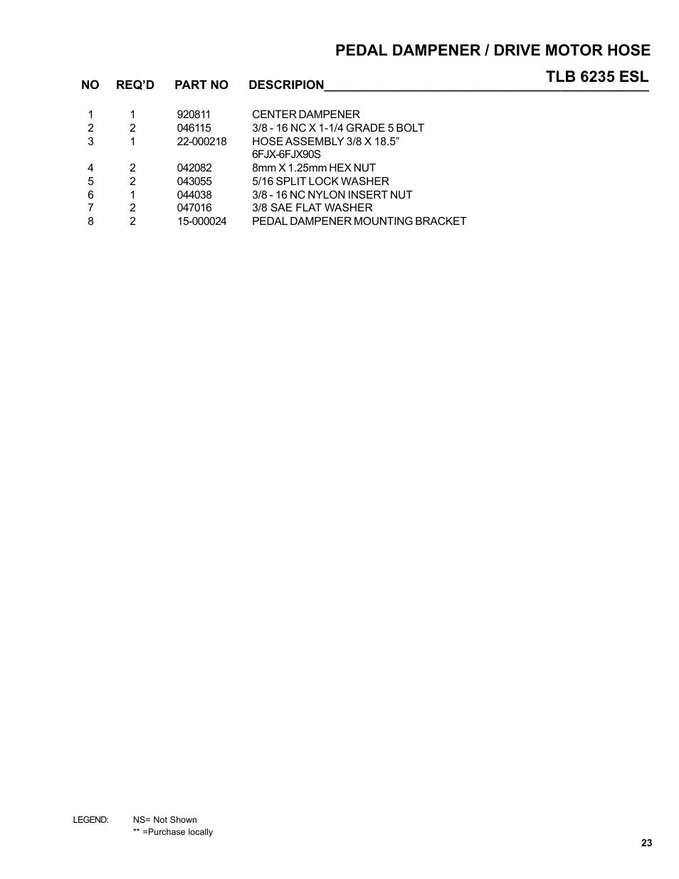 Tlb 6235 esl pedal dampener / drive motor hose | Allmand Brothers TLB6235 Tractor User Manual | Page 23 / 80