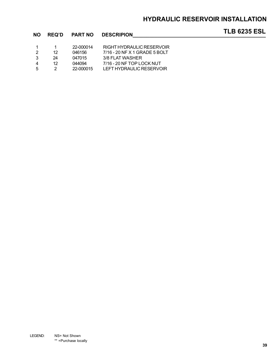 Tlb 6235 esl hydraulic reservoir installation | Allmand Brothers TLB6235 Tractor User Manual | Page 39 / 80