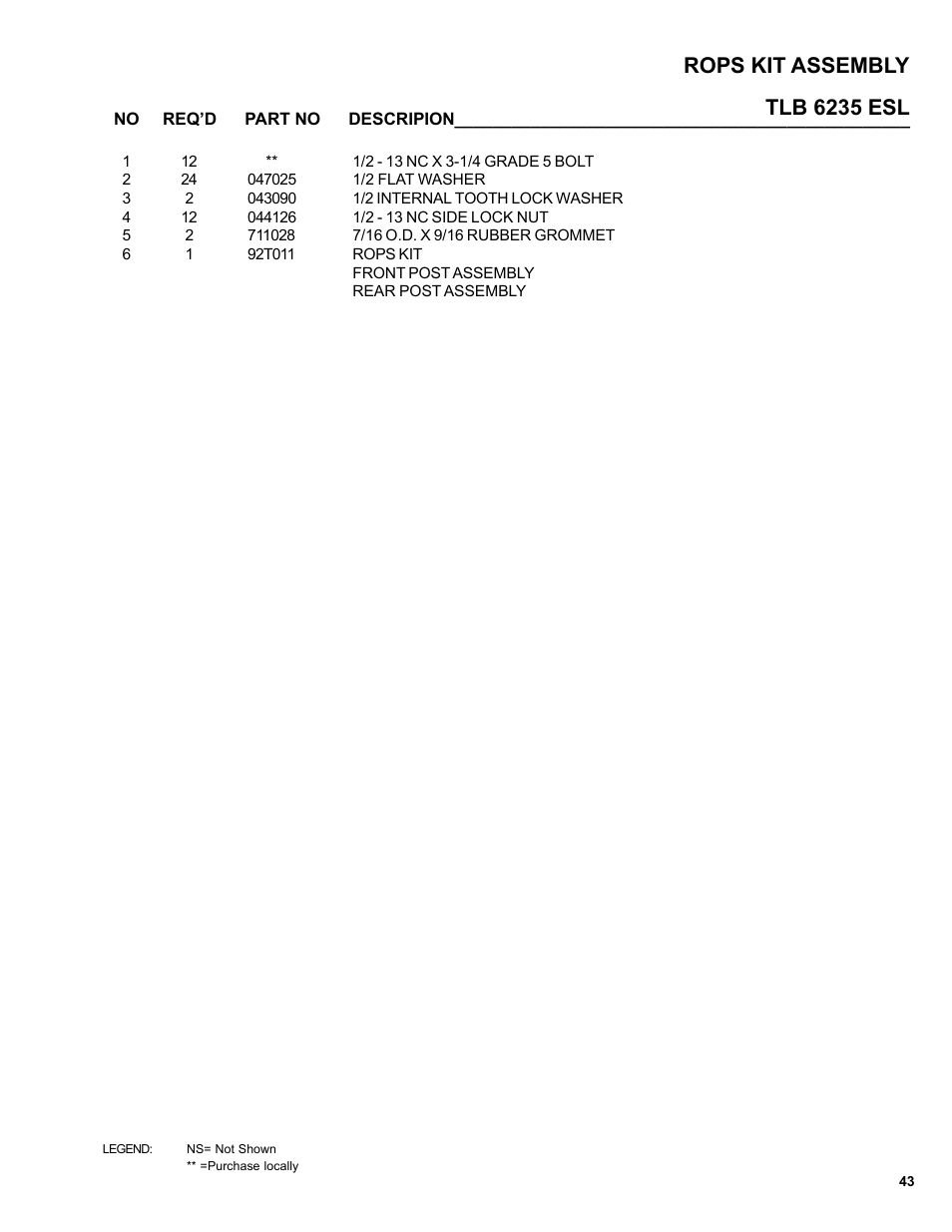 Tlb 6235 esl rops kit assembly | Allmand Brothers TLB6235 Tractor User Manual | Page 43 / 80