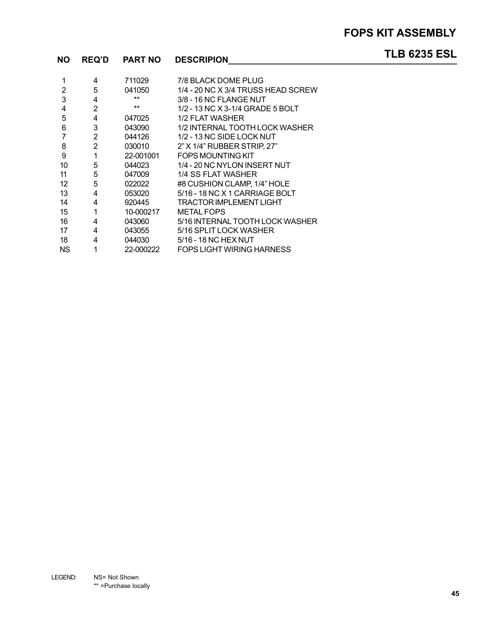 Tlb 6235 esl fops kit assembly | Allmand Brothers TLB6235 Tractor User Manual | Page 45 / 80
