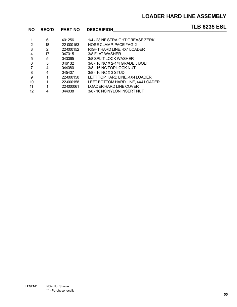 Tlb 6235 esl, Loader hard line assembly | Allmand Brothers TLB6235 Tractor User Manual | Page 55 / 80