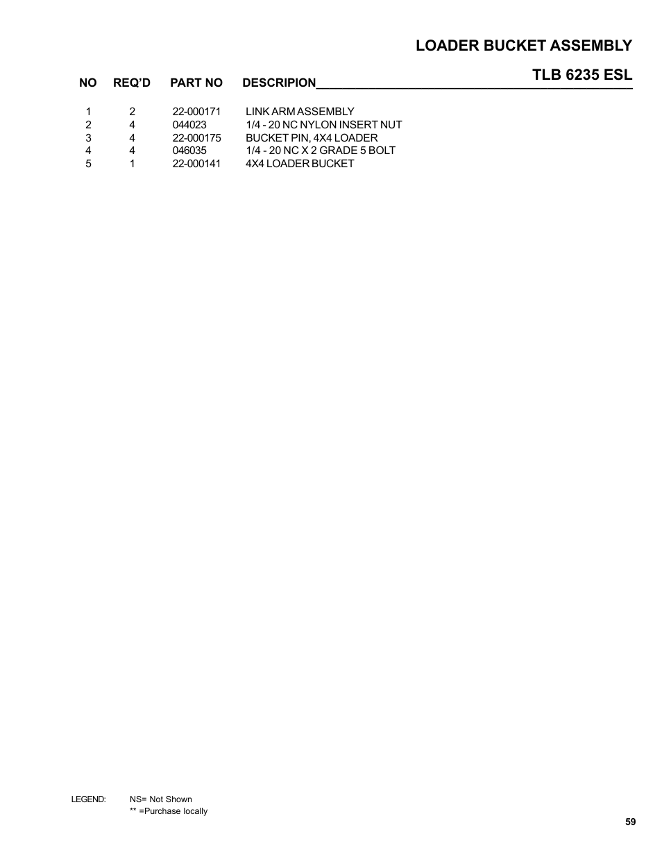 Tlb 6235 esl loader bucket assembly | Allmand Brothers TLB6235 Tractor User Manual | Page 59 / 80