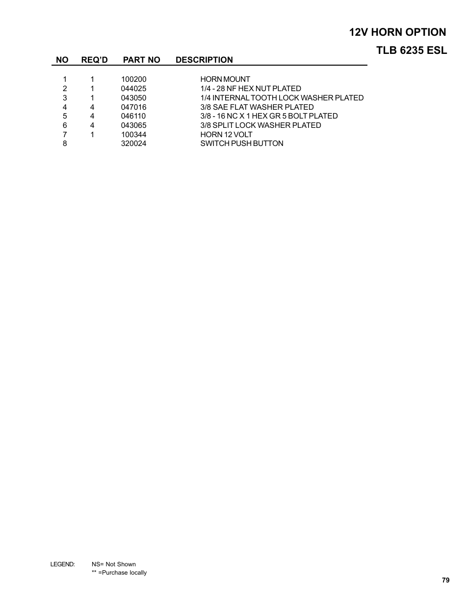 Tlb 6235 esl, 12v horn option | Allmand Brothers TLB6235 Tractor User Manual | Page 79 / 80