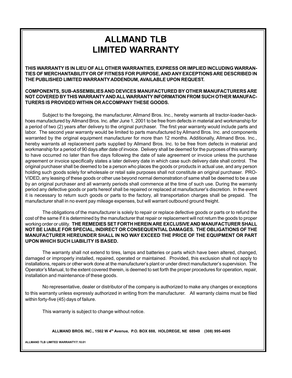 Allmand tlb limited warranty | Allmand Brothers TLB6235 Tractor User Manual | Page 80 / 80