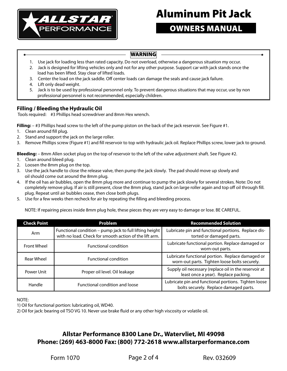 Aluminum pit jack, Owners manual, Page 2 of 4 | Allstar Performance ALL10422-25 User Manual | Page 2 / 4