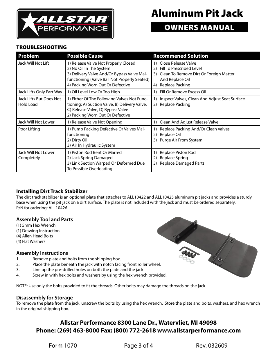 Aluminum pit jack, Owners manual, Page 3 of 4 | Allstar Performance ALL10422-25 User Manual | Page 3 / 4