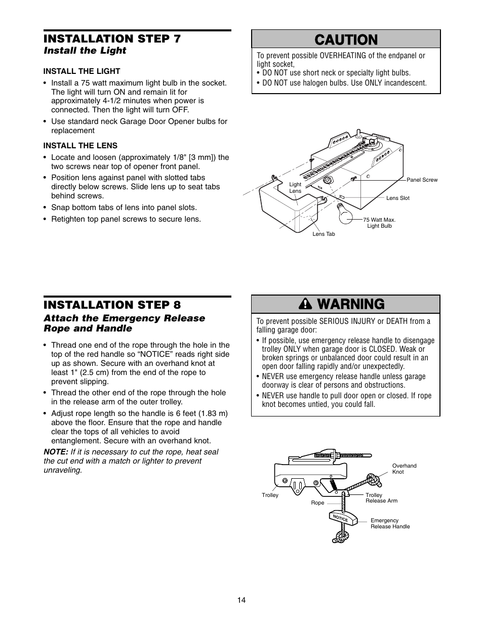 Installation step 7 install the light, Warning caution warning warning, Installation step 8 | Installation step 7 | Chamberlain ACCESS MASTER M385 User Manual | Page 14 / 36