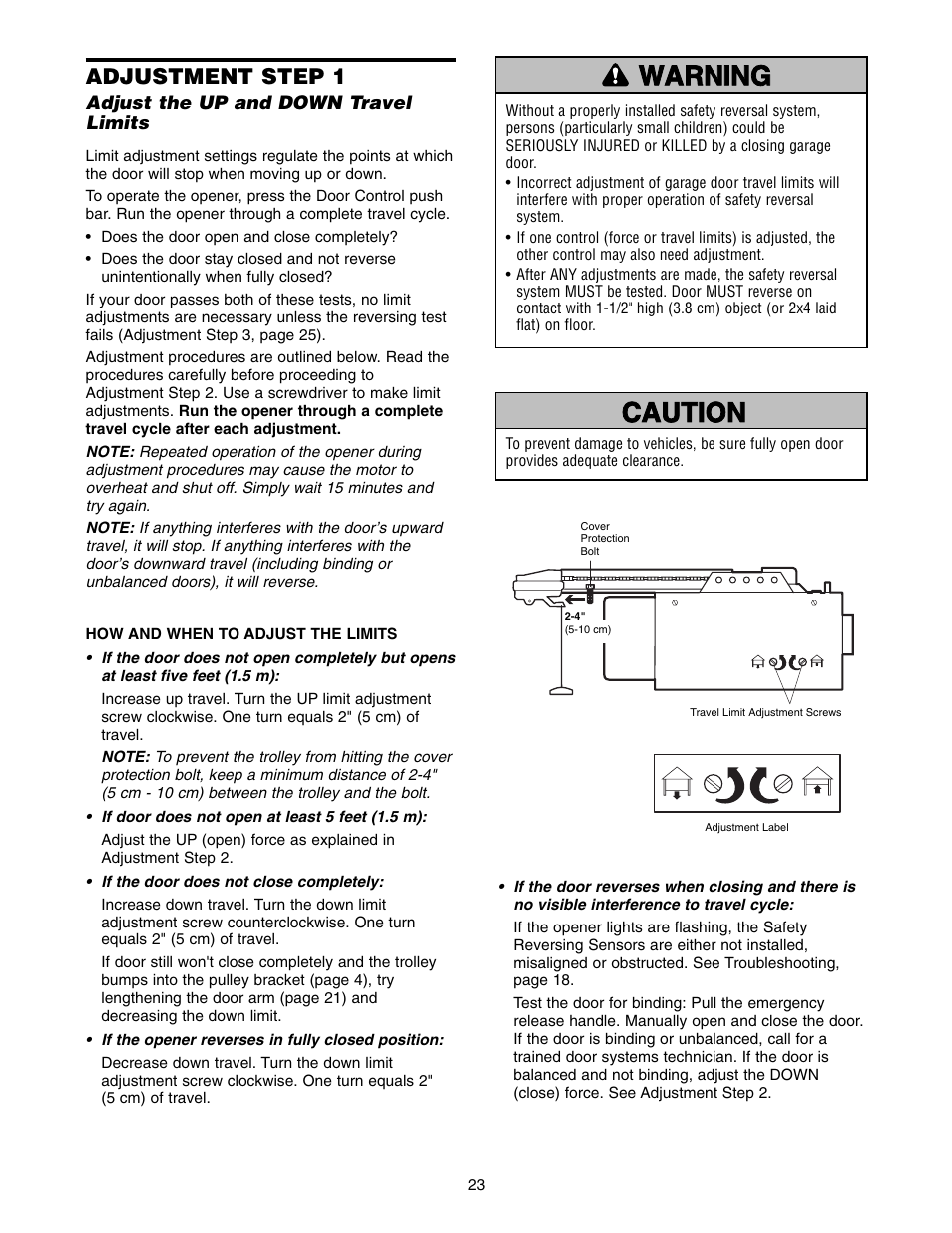 Adjustment, Warning caution warning warning, Adjustment step 1 | Chamberlain ACCESS MASTER M385 User Manual | Page 23 / 36