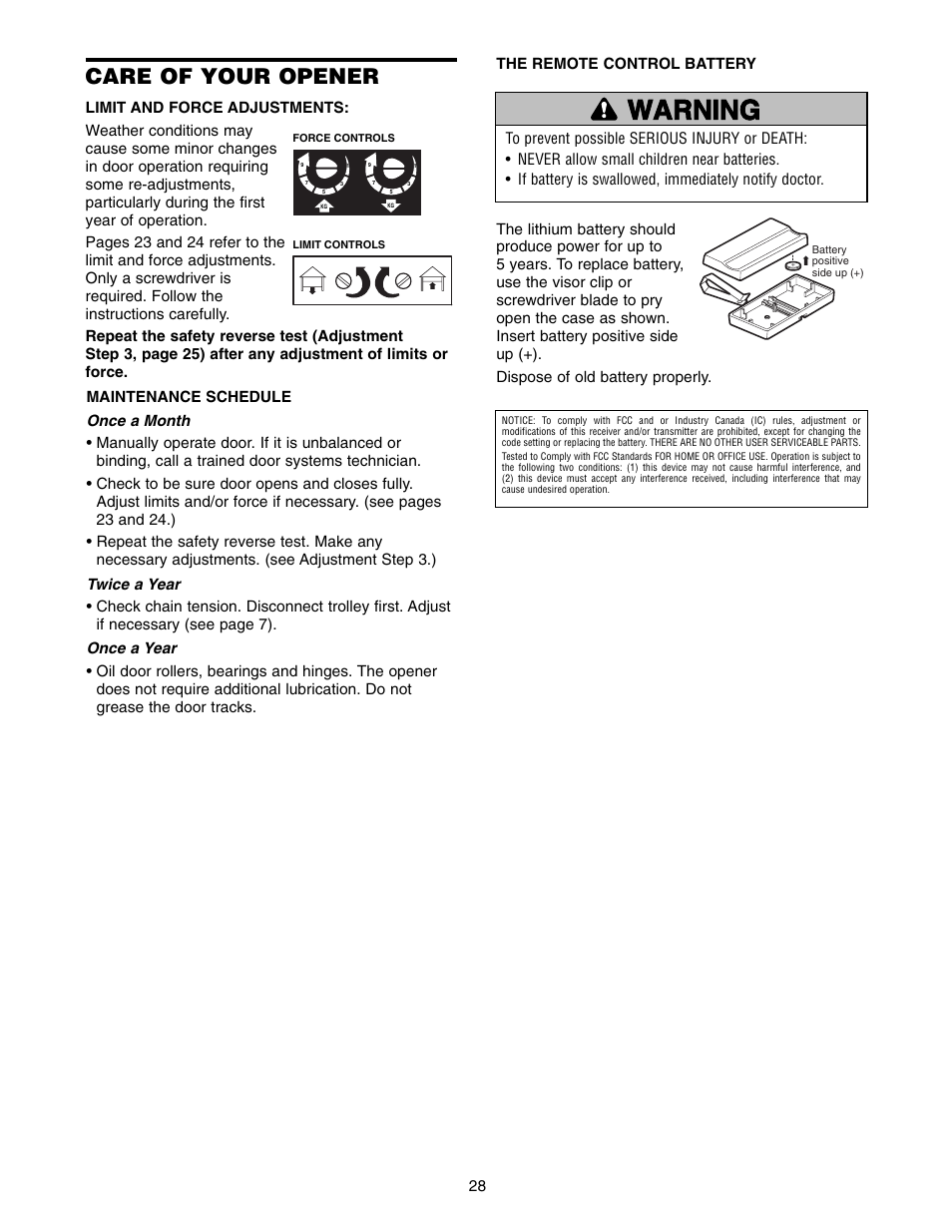 Care of your opener, Warning caution warning warning | Chamberlain ACCESS MASTER M385 User Manual | Page 28 / 36