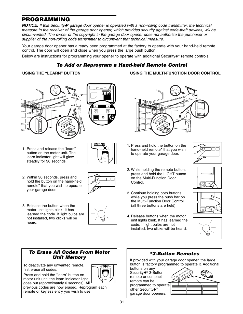 Programming, To erase all codes from motor unit memory, Button remotes | Chamberlain ACCESS MASTER M385 User Manual | Page 31 / 36