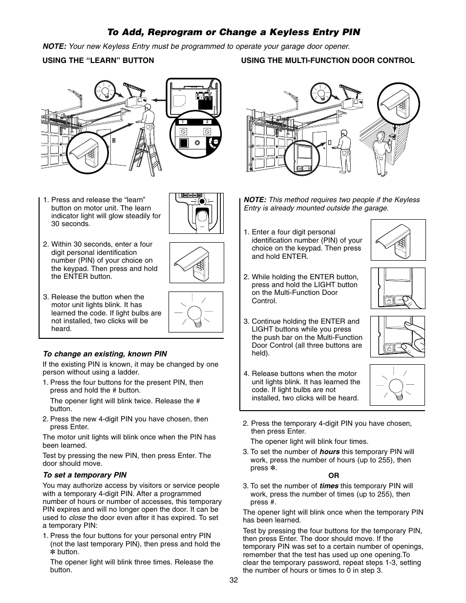 To add, reprogram or change a keyless entry pin | Chamberlain ACCESS MASTER M385 User Manual | Page 32 / 36