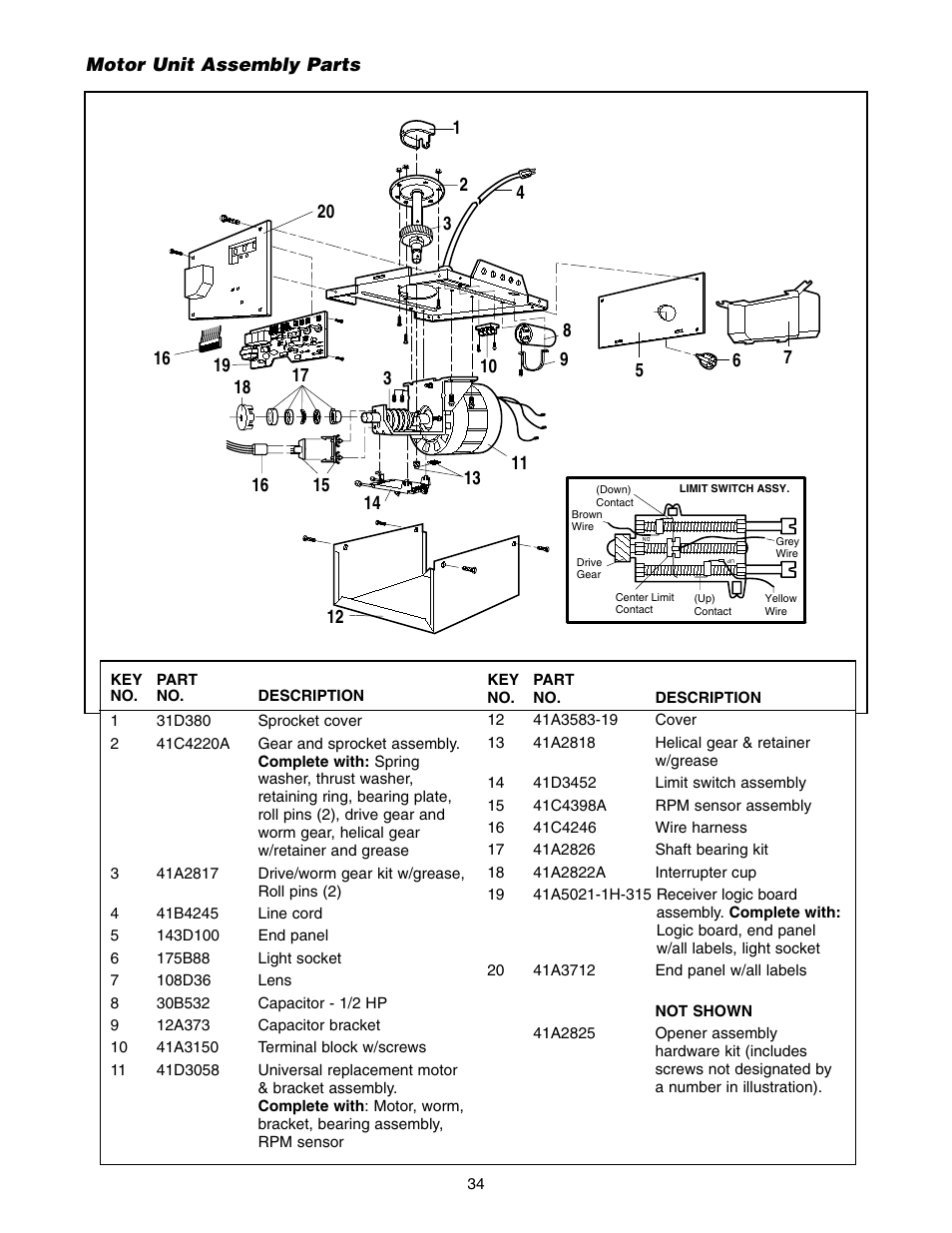 Motor unit assembly parts | Chamberlain ACCESS MASTER M385 User Manual | Page 34 / 36