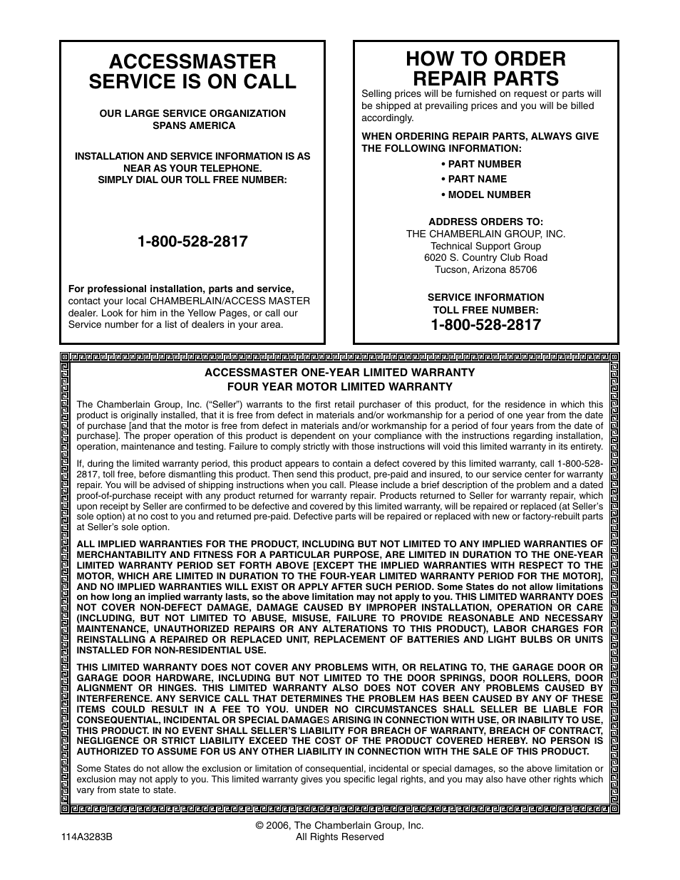 Warranty, Accessmaster service is on call, How to order repair parts | Chamberlain ACCESS MASTER M385 User Manual | Page 36 / 36