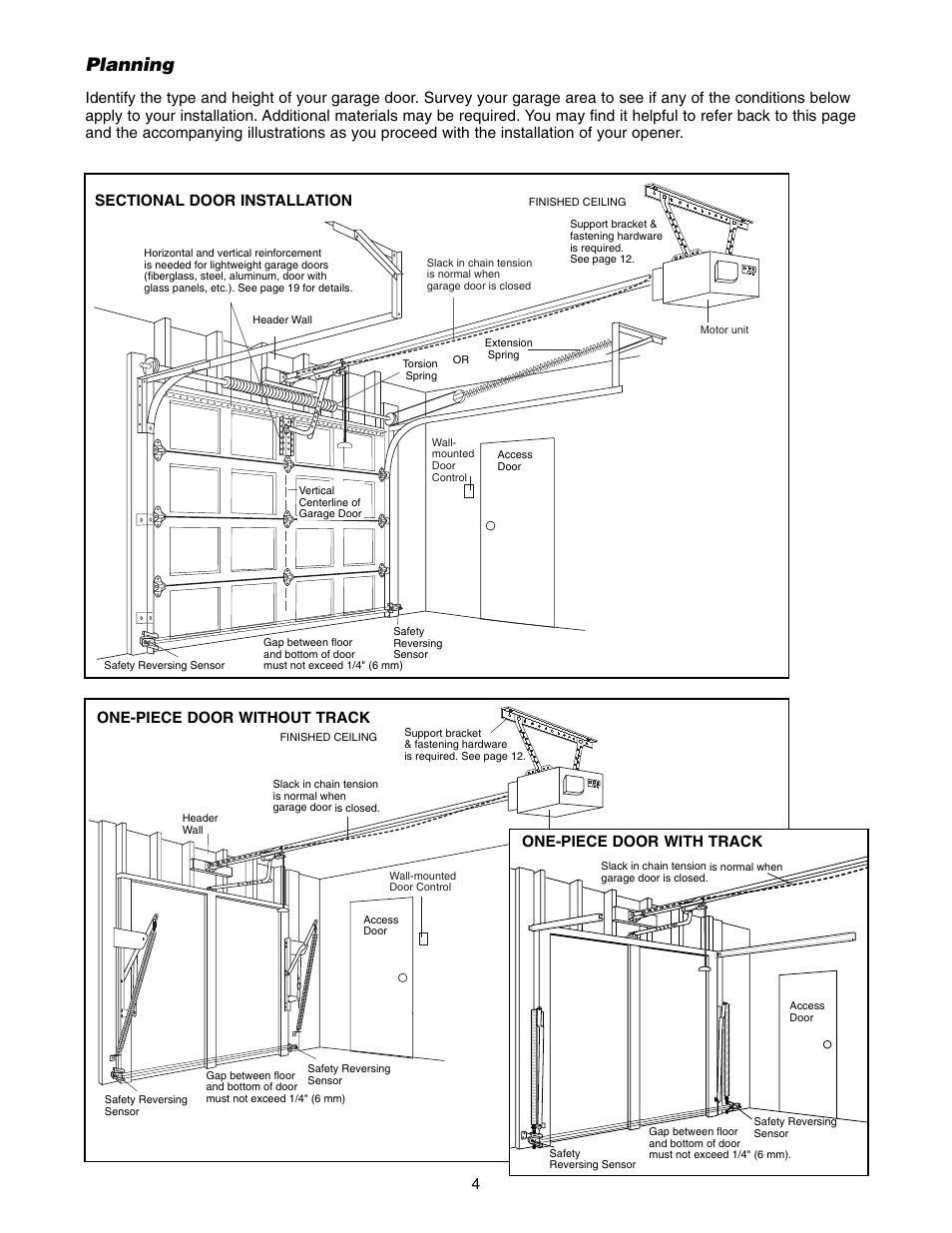 Planning, One-piece door without track, One-piece door with track | Chamberlain ACCESS MASTER M385 User Manual | Page 4 / 36