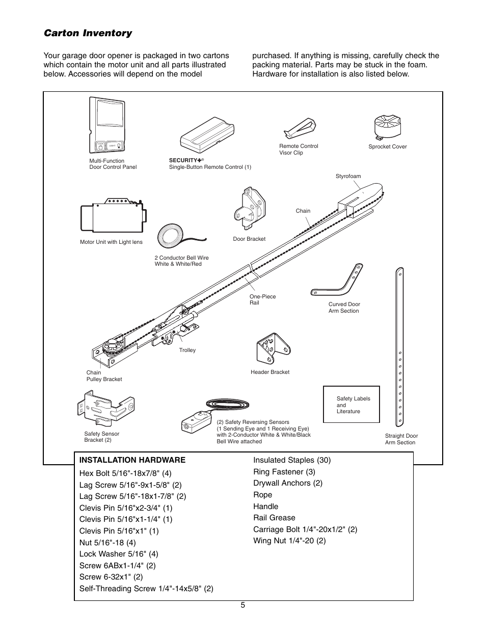 Carton inventory | Chamberlain ACCESS MASTER M385 User Manual | Page 5 / 36