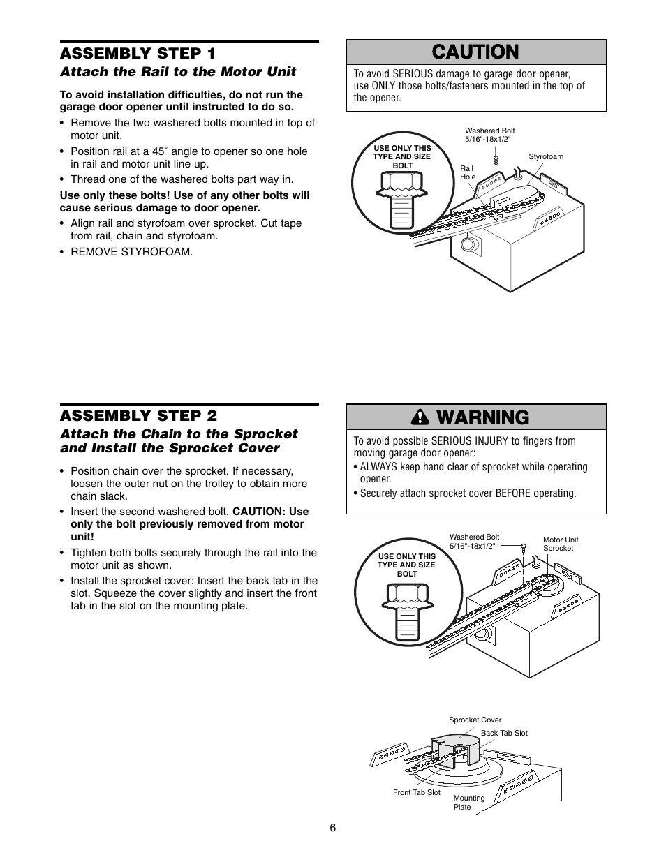 Assembly, Assembly step 1 attach the rail to the motor unit, Warning caution warning warning | Assembly step 1, Assembly step 2 | Chamberlain ACCESS MASTER M385 User Manual | Page 6 / 36