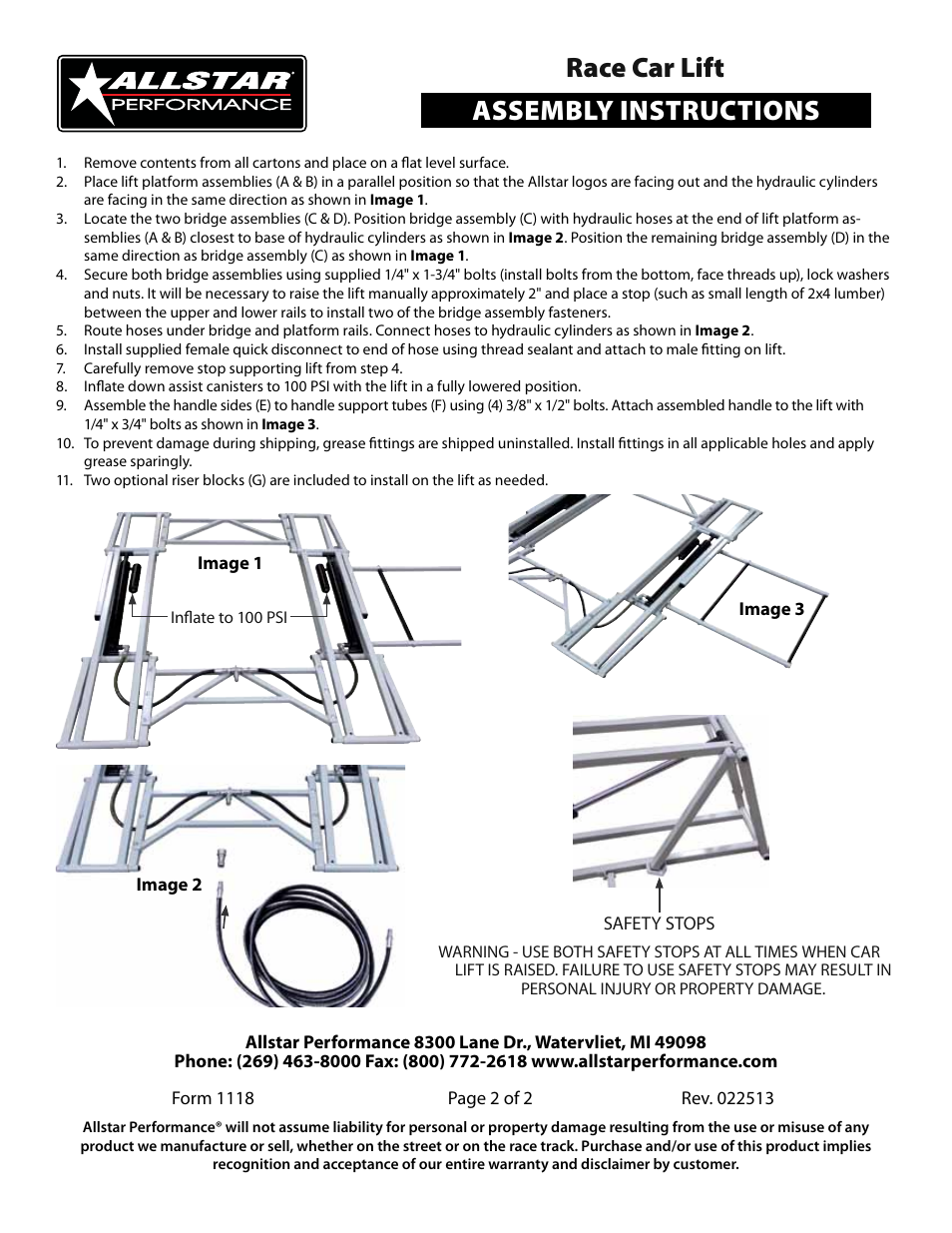 Assembly instructions race car lift | Allstar Performance ALL11270 User Manual | Page 2 / 2