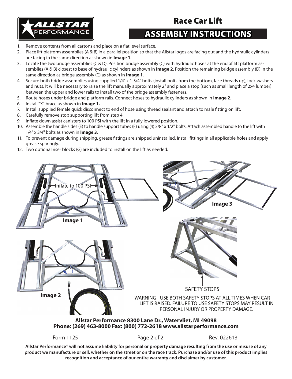 Assembly instructions race car lift | Allstar Performance ALL11272 User Manual | Page 2 / 2