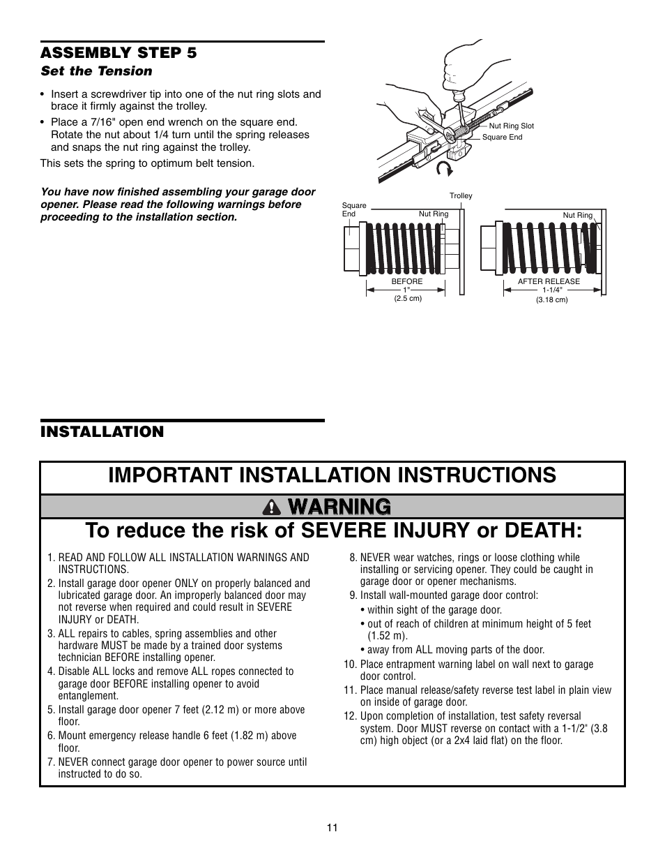 Step 5 set the tension, Installation, Installation assembly step 5 | Chamberlain WD952LD User Manual | Page 11 / 44