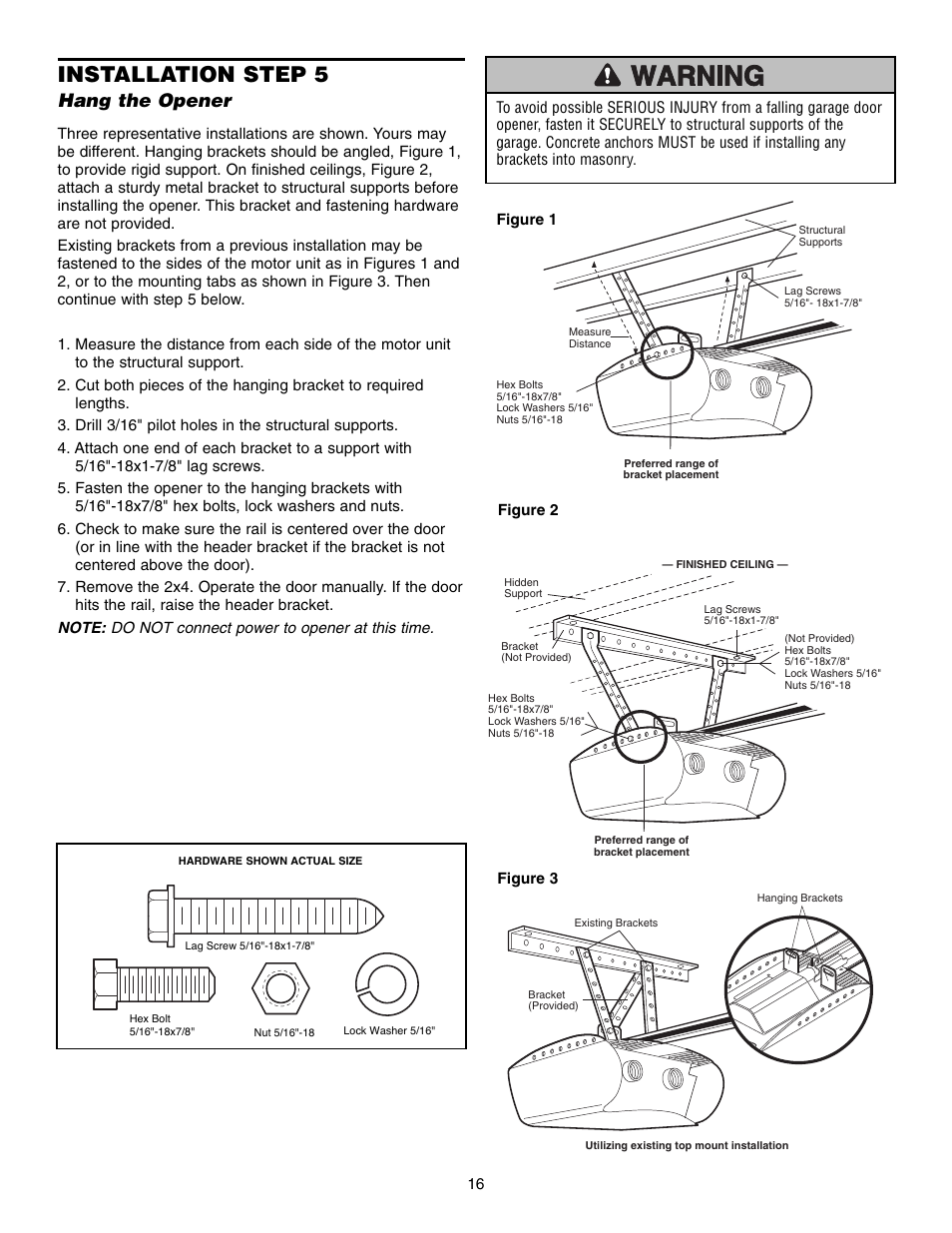 Step 5 hang the opener, Installation step 5, Hang the opener | Chamberlain WD952LD User Manual | Page 16 / 44