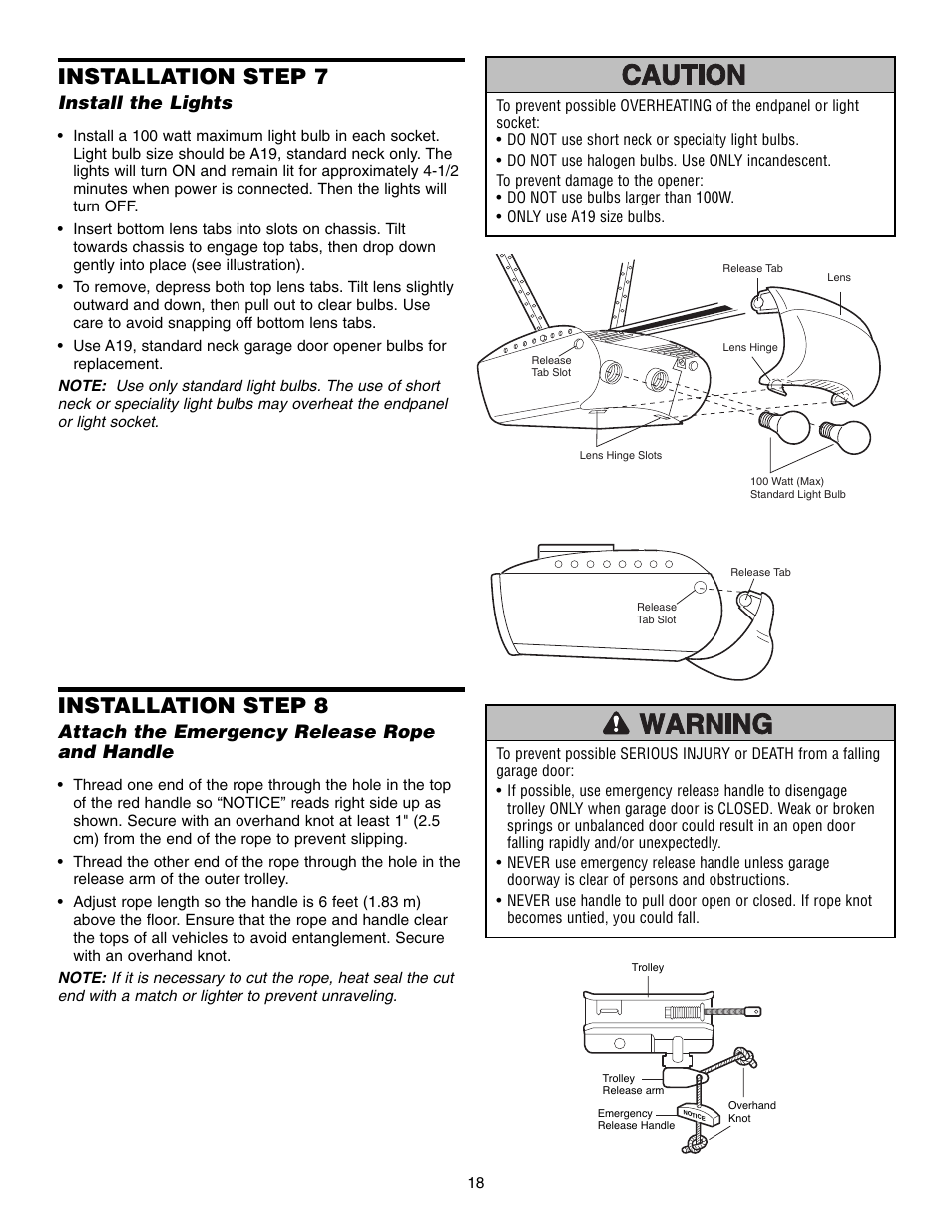 Step 7 install the lights, Installation step 7, Installation step 8 | Install the lights, Attach the emergency release rope and handle | Chamberlain WD952LD User Manual | Page 18 / 44