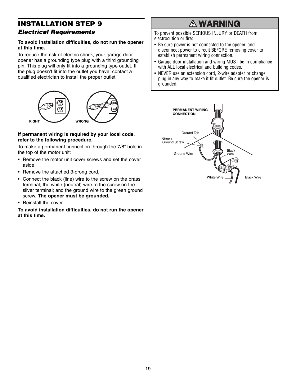 Step 9 electrical requirements, Installation step 9, Electrical requirements | Chamberlain WD952LD User Manual | Page 19 / 44