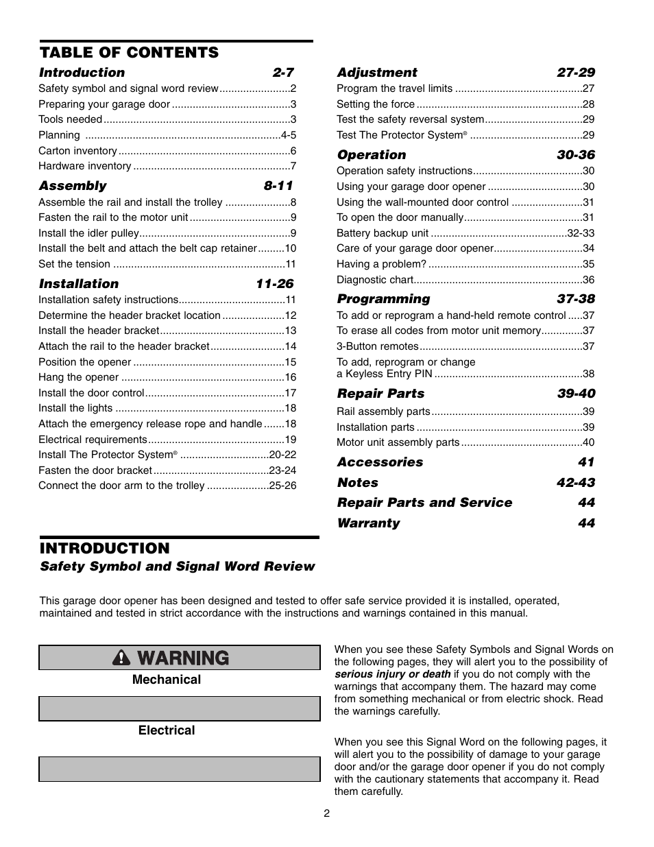 Chamberlain WD952LD User Manual | Page 2 / 44