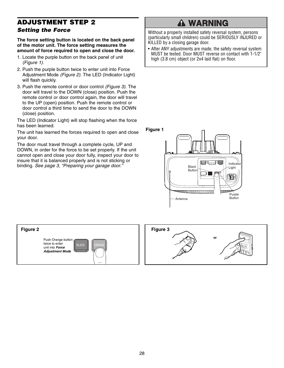 Step 2 setting the force, Adjustment step 2, Setting the force | Chamberlain WD952LD User Manual | Page 28 / 44