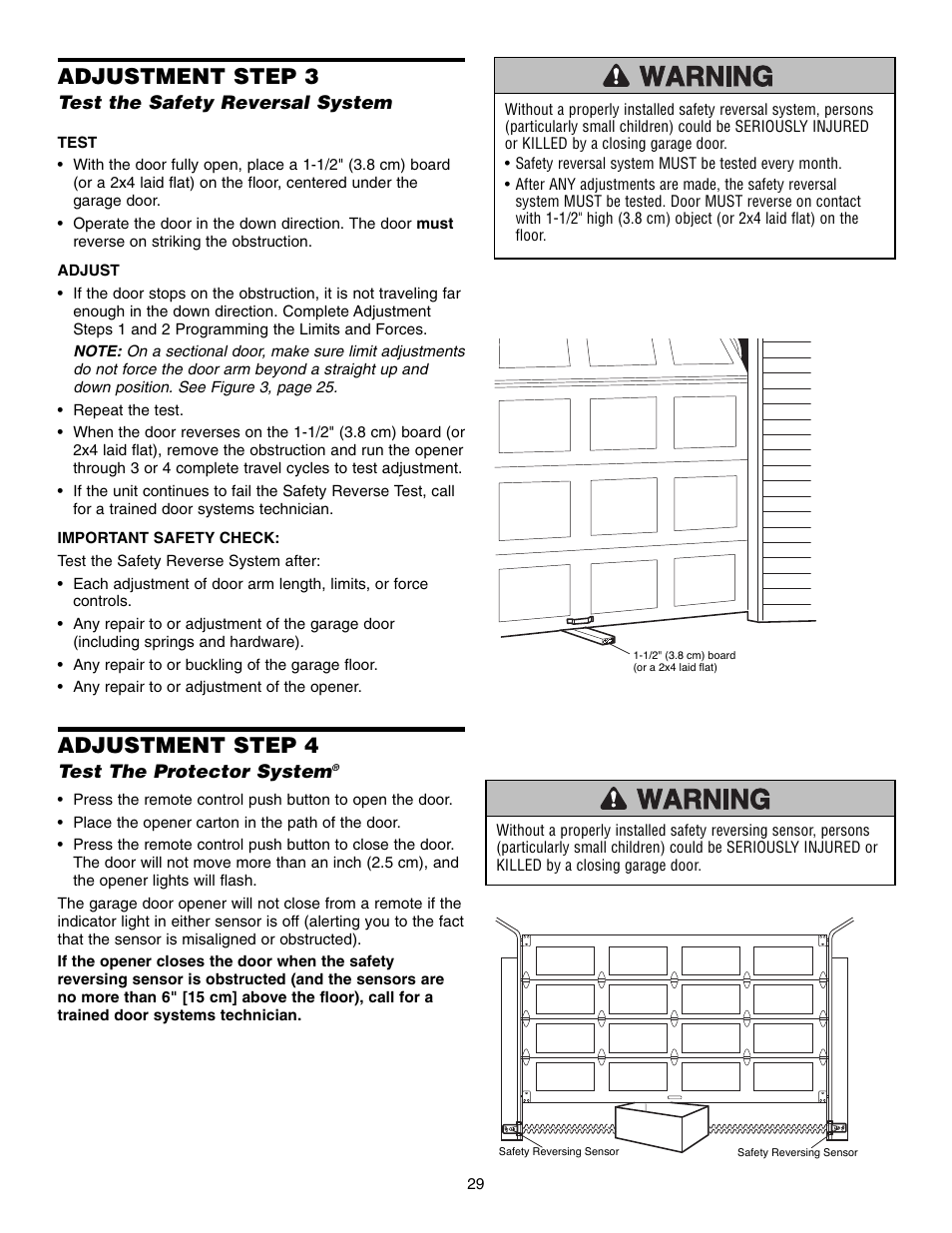 Step 3 test the safety reversal system, Step 4 test the protector system, Adjustment step 3 | Adjustment step 4 | Chamberlain WD952LD User Manual | Page 29 / 44