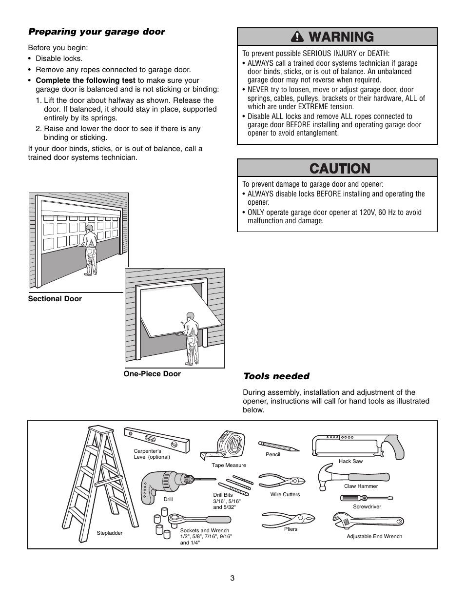 Preparing your garage door, Tools needed | Chamberlain WD952LD User Manual | Page 3 / 44