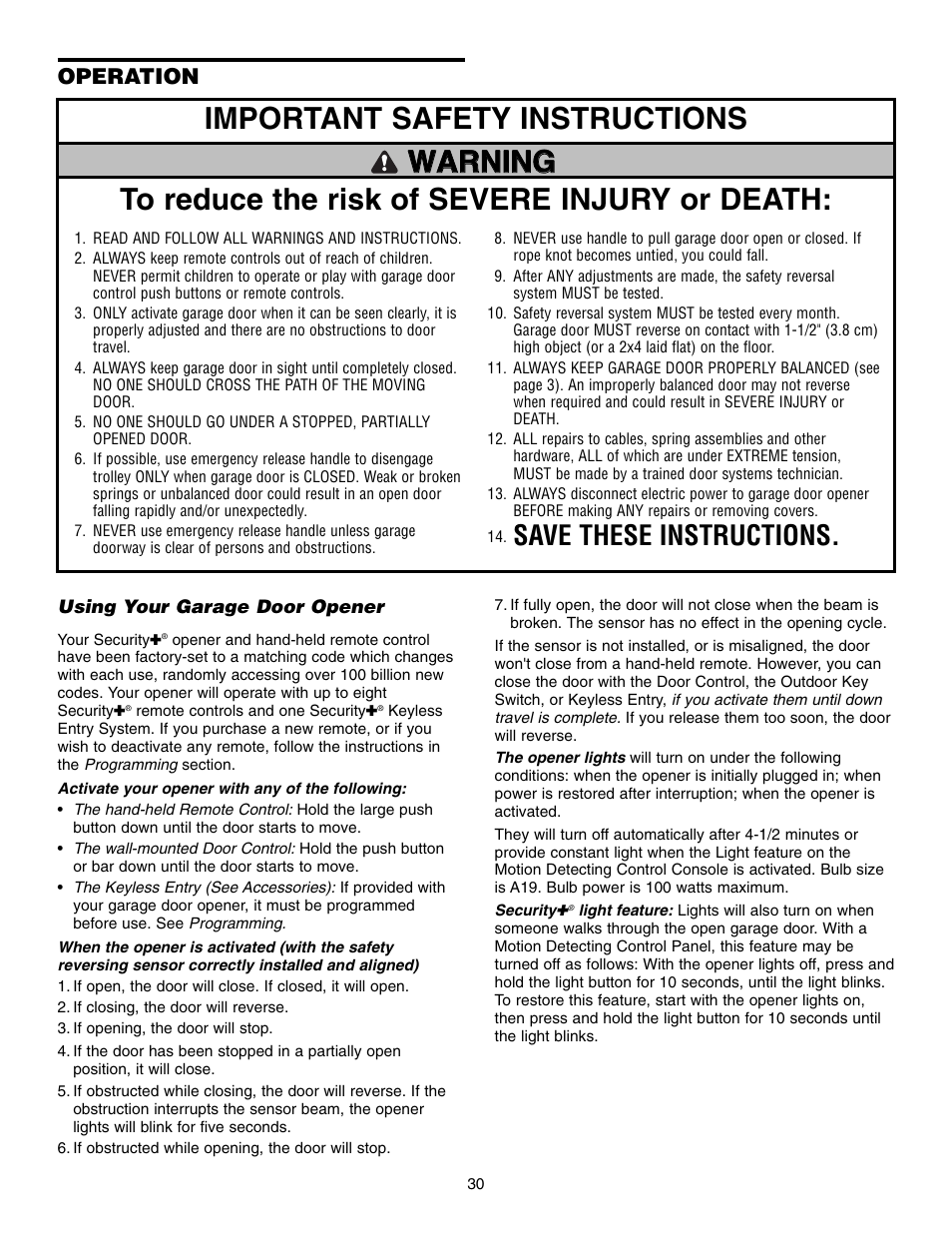 Operation, Using your garage door opener, Save these instructions | Chamberlain WD952LD User Manual | Page 30 / 44