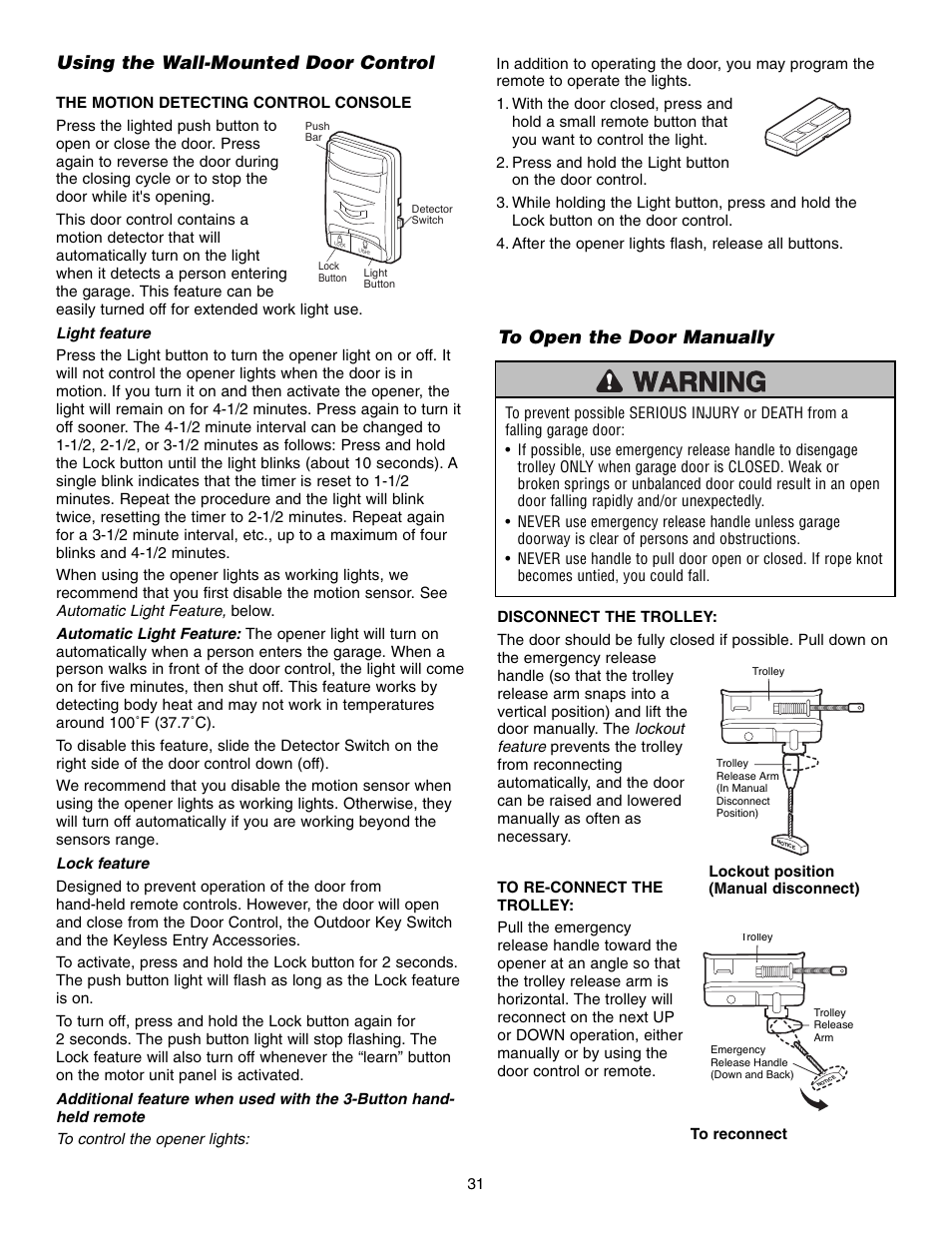 Using the wall-mounted door control, To open the door manually | Chamberlain WD952LD User Manual | Page 31 / 44