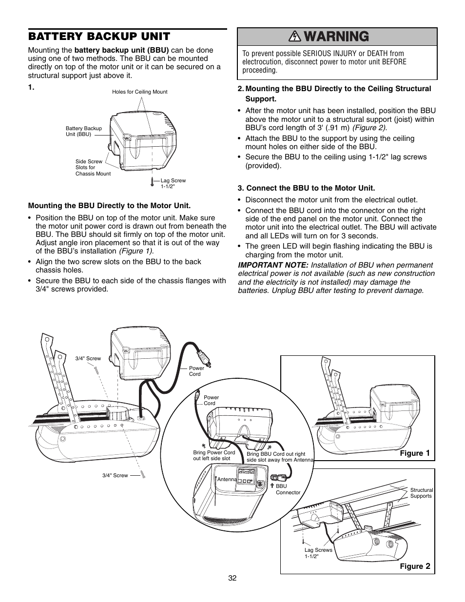 Battery backup unit | Chamberlain WD952LD User Manual | Page 32 / 44