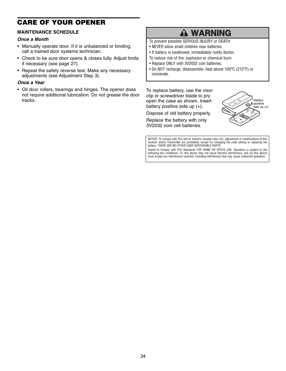 Care of your opener | Chamberlain WD952LD User Manual | Page 34 / 44