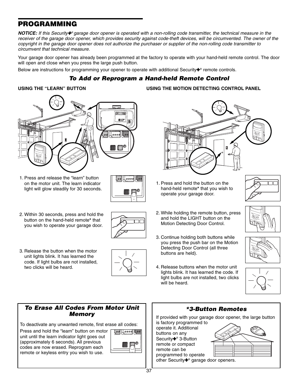 Programming, To add or reprogram a hand-held remote control, To erase all codes from motor unit memory | Button remotes | Chamberlain WD952LD User Manual | Page 37 / 44