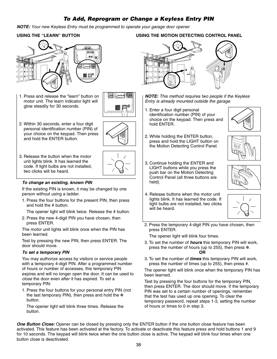 To add, reprogram or change a keyless entry pin | Chamberlain WD952LD User Manual | Page 38 / 44