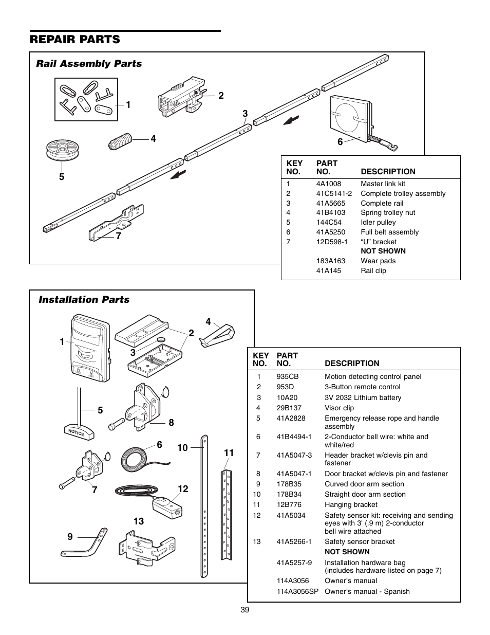 Repair parts, Rail assembly parts, Installation parts | Chamberlain WD952LD User Manual | Page 39 / 44