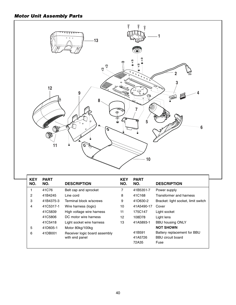 Motor unit assembly parts | Chamberlain WD952LD User Manual | Page 40 / 44