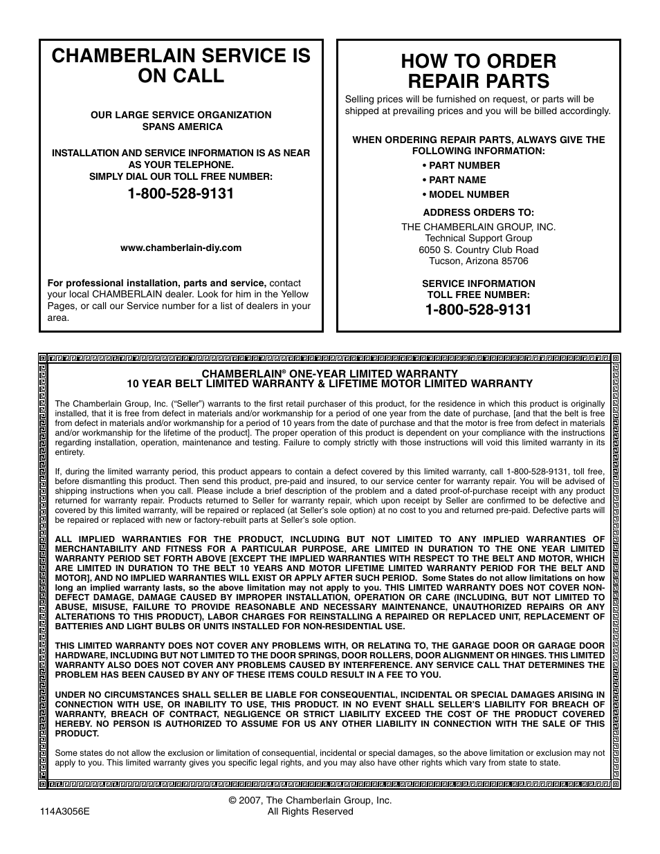 Warranty, Chamberlain service is on call, How to order repair parts | Chamberlain WD952LD User Manual | Page 44 / 44