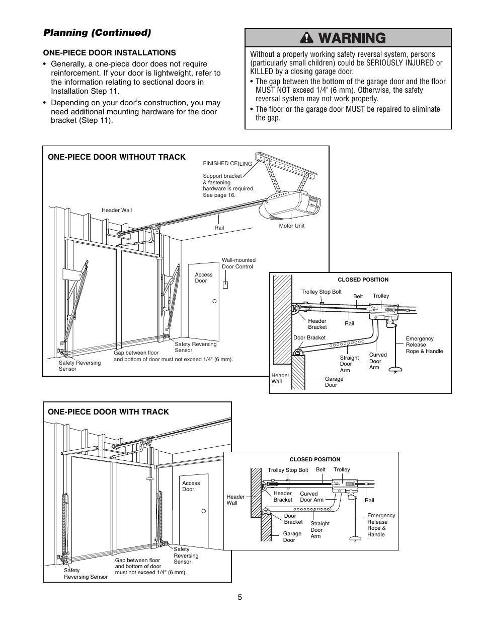 Planning (continued), One-piece door without track | Chamberlain WD952LD User Manual | Page 5 / 44