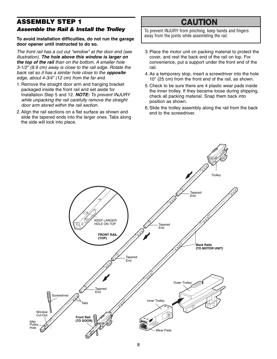 Assembly, Step 1 assemble the rail & install the trolley, Assembly step 1 | Assemble the rail & install the trolley | Chamberlain WD952LD User Manual | Page 8 / 44