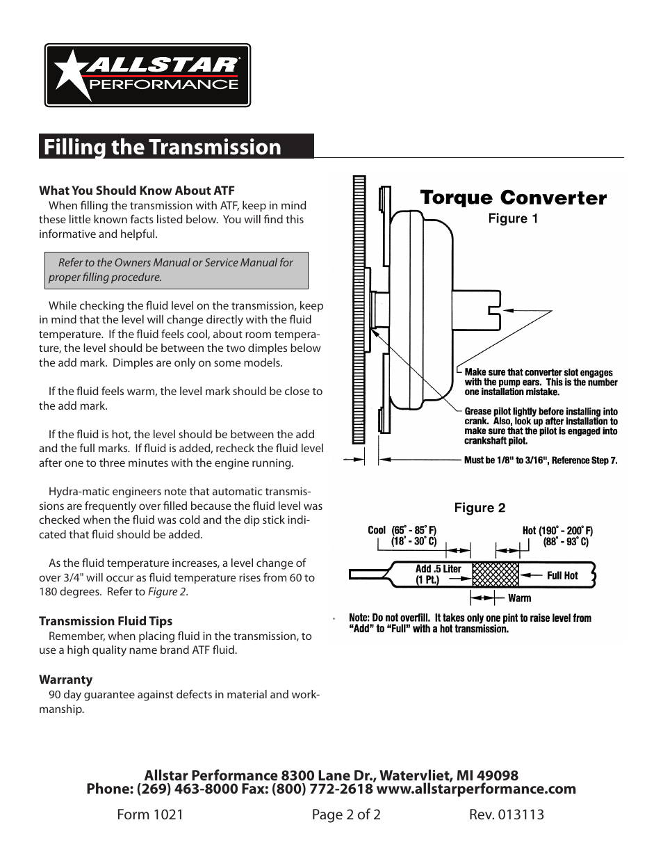 Filling the transmission | Allstar Performance ALL26900-30 User Manual | Page 2 / 2