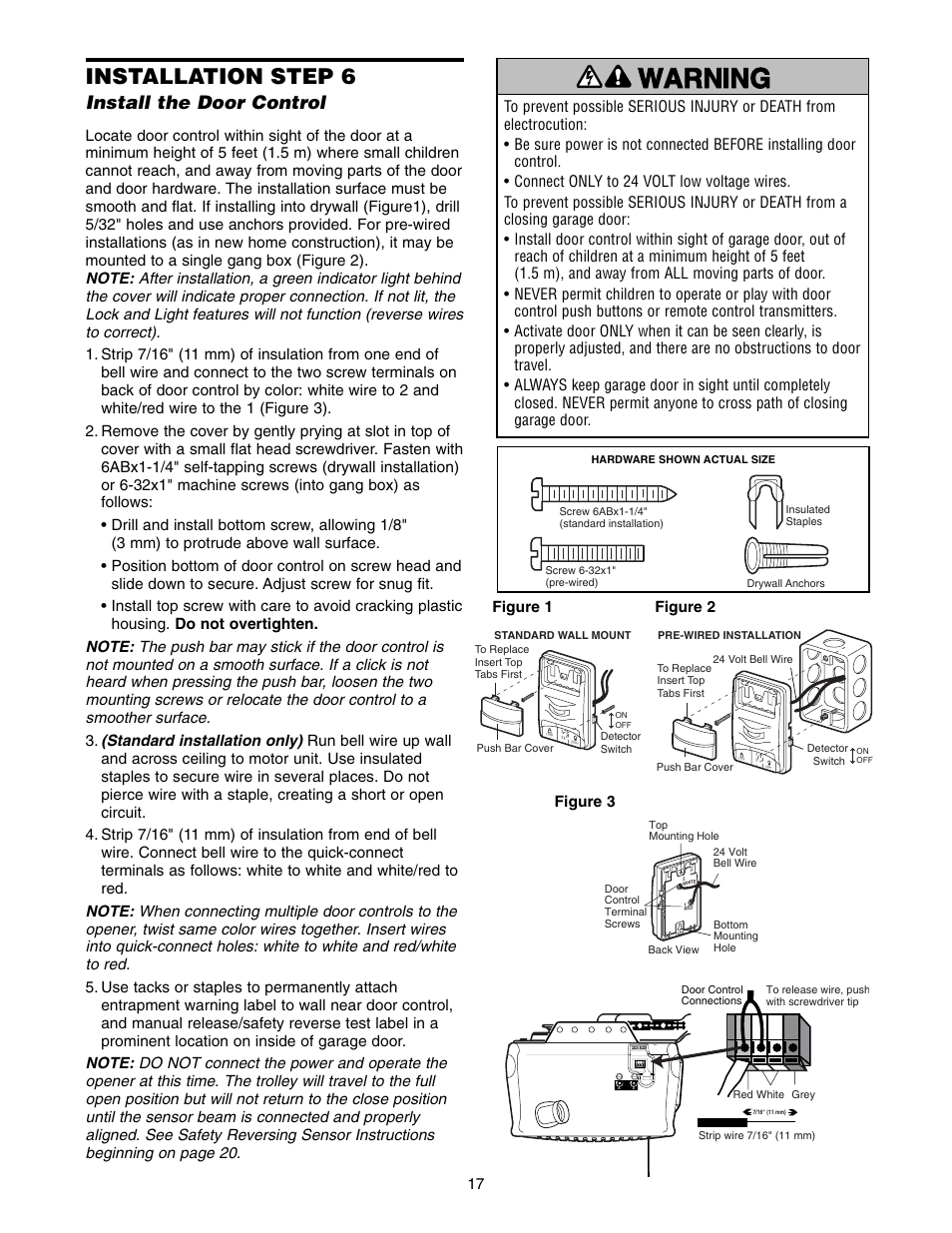 Step 6 install the door control, Warning caution warning warning, Installation step 6 | Install the door control | Chamberlain POWER DRIVE PD752D User Manual | Page 17 / 40