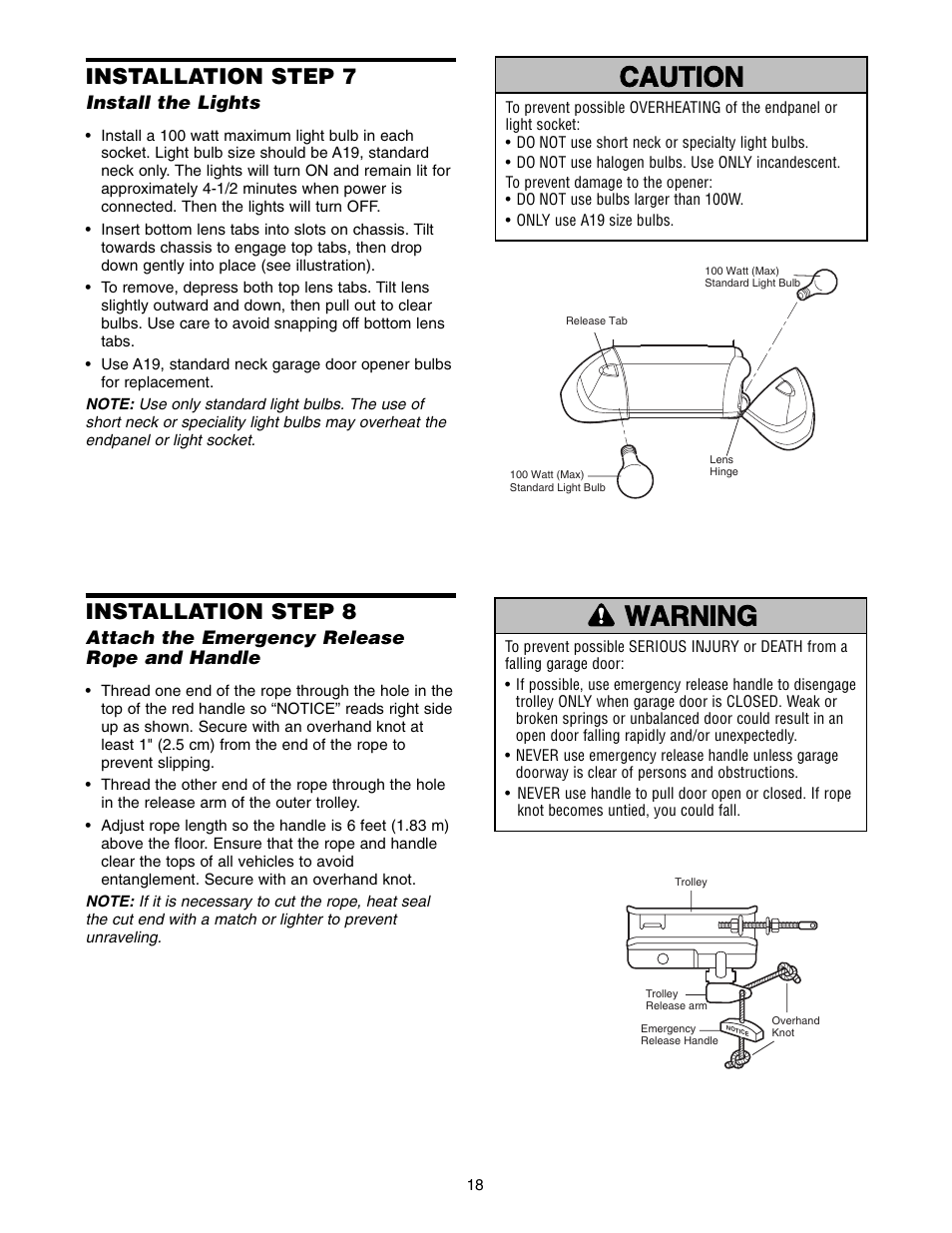 Step 7 install the lights, Warning caution warning warning, Installation step 7 | Installation step 8 | Chamberlain POWER DRIVE PD752D User Manual | Page 18 / 40