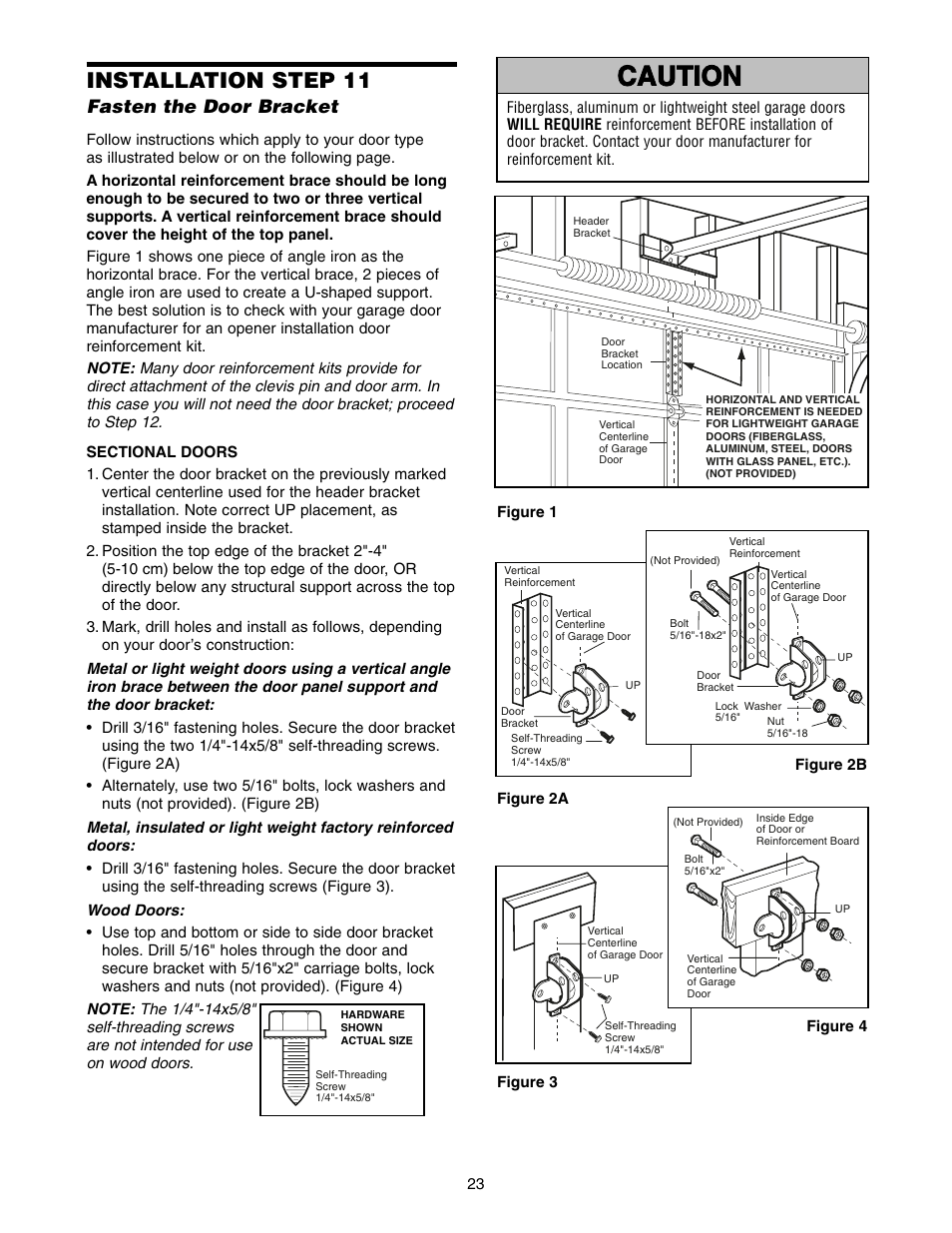 Step 11 fasten the door bracket, Warning caution warning warning, Installation step 11 | Fasten the door bracket | Chamberlain POWER DRIVE PD752D User Manual | Page 23 / 40