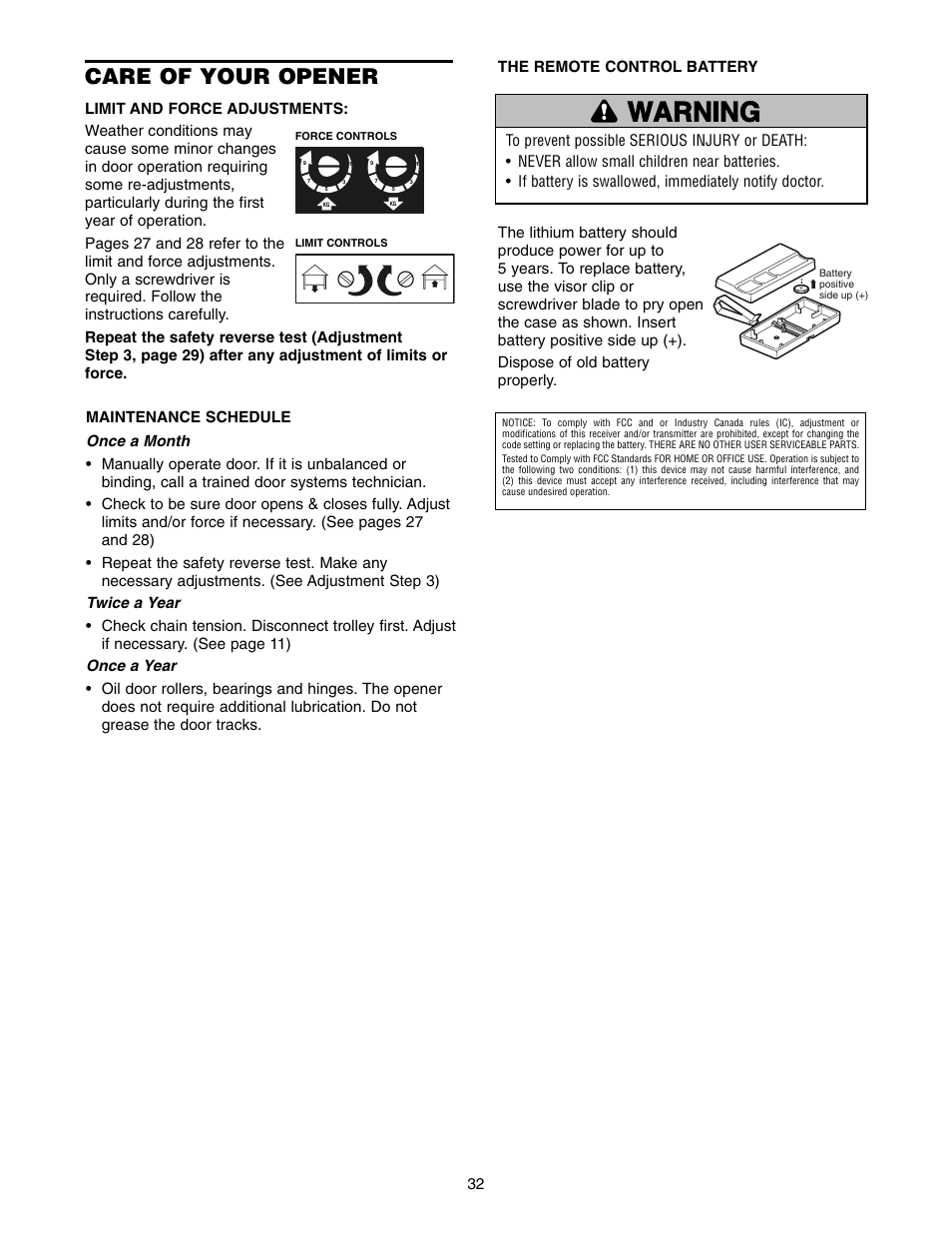 Care of your opener, Warning caution warning warning | Chamberlain POWER DRIVE PD752D User Manual | Page 32 / 40