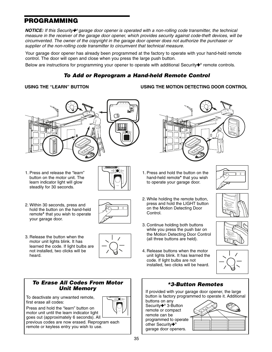 Programming, To add or reprogram a hand-held remote control, To erase all codes from motor unit memory | Button remote, Button remotes | Chamberlain POWER DRIVE PD752D User Manual | Page 35 / 40