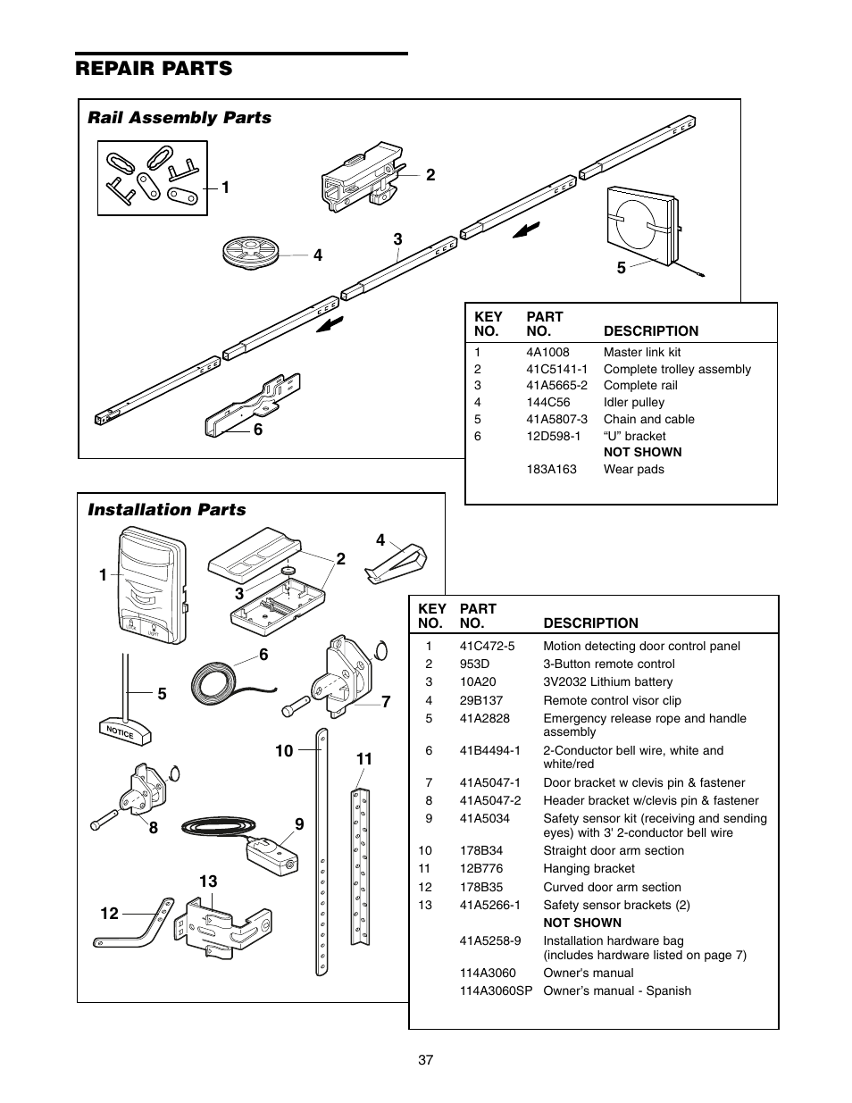 Repair parts, Rail assembly parts, Installation parts | Chamberlain POWER DRIVE PD752D User Manual | Page 37 / 40